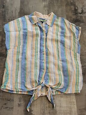 Talbots 100% Linen Tie Hem Button Front Top Swing Stripe Size Medium Beach Coast